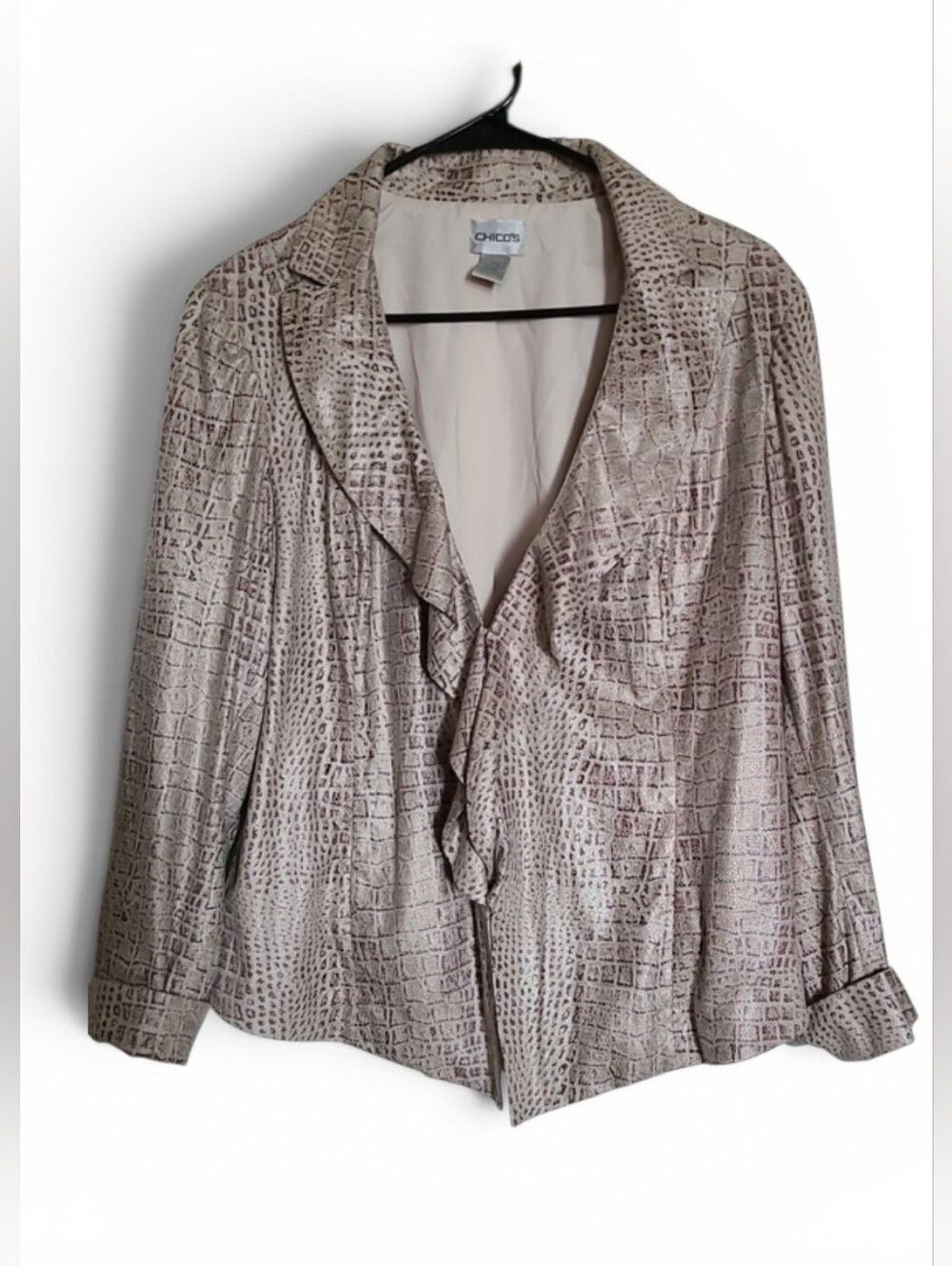 Chico's Beige Croc-Print Ruffle Blazer